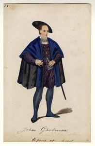 32715 Afbeelding van een kostuumontwerp van de Groningse (?) edelman Johan Gherbranda, figurant in de maskerade van de ...